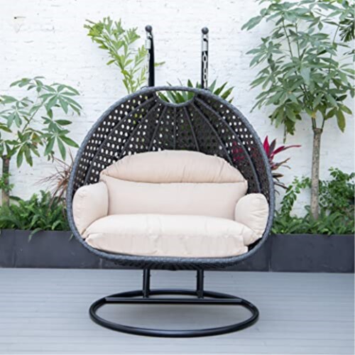 LeisureMod Mendoza Charcoal Wicker Hanging 2 person Egg Swing Chair, 1