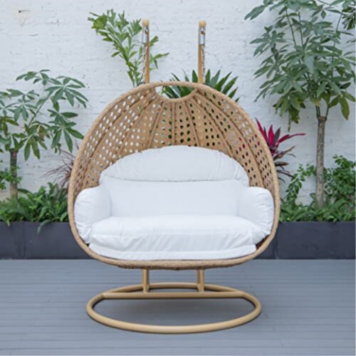 LeisureMod Mendoza Light Brown Wicker Hanging 2 person Egg Swing Chair
