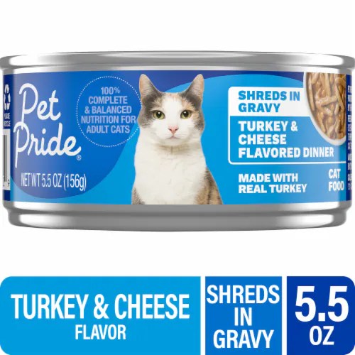 Pet Pride® Adult Wet Cat Food Turkey & Cheese Flavored Dinner In Gravy Shreds, 5.5 ounces Kroger