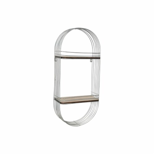 Oblong Metal Frame with 2 Wooden Shelves and Hangers, Silver and Brown