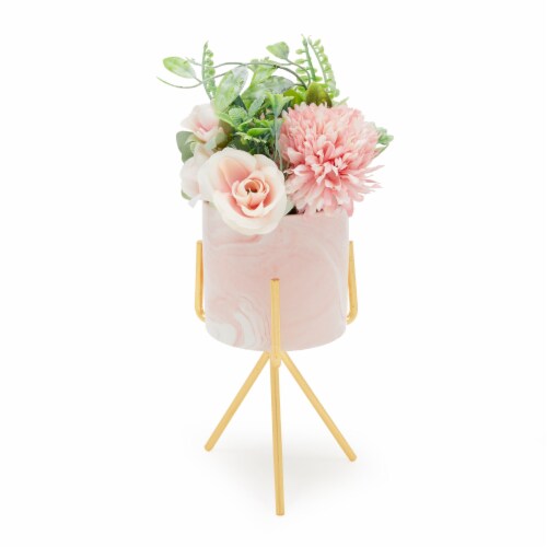 Faux Hydrangea Flowers and Pink Ceramic Planter with Stand for
