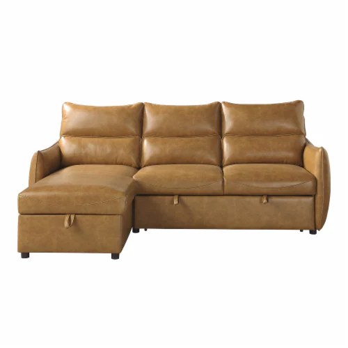 2Piece Sectional Sofa in Brown Faux Leather w/ Pullout Bed & Hidden