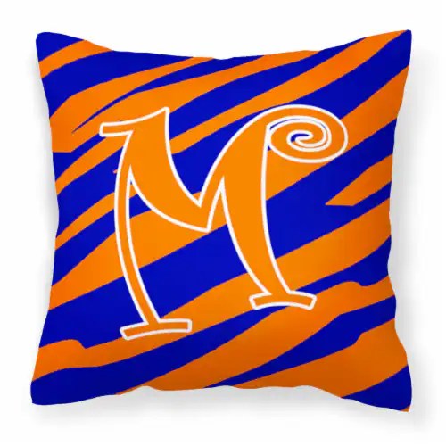 Letter M Initial Tiger Stripe Blue and Orange Fabric Decorative Pillow