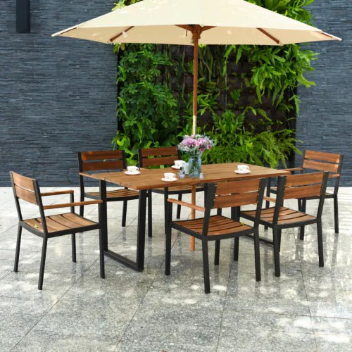 Costway 7PCS Patio Dining Chair Table Set Acacia Wood Backyard W