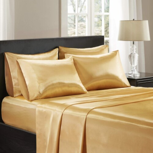 Madison Park 6 Piece Satin Gold Silk Sheets, King, King Kroger