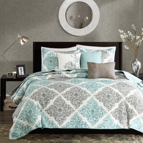 Madison Park Claire 6 Piece Quilted Coverlet Set Aqua Full/Queen