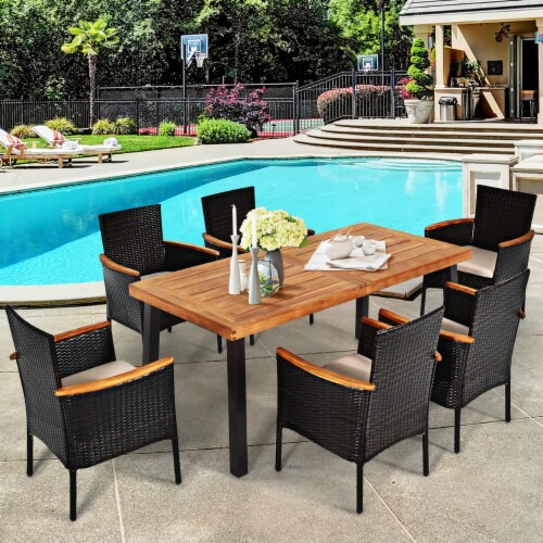 Costway 7PCS Patio Rattan Dining Set Chair Cushion Acacia Wood W