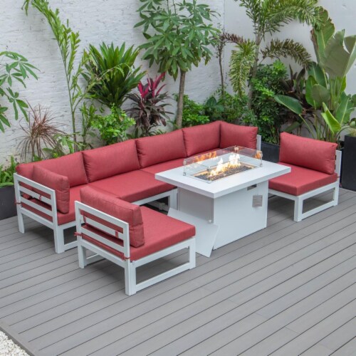 7Piece Patio Sectional And Fire Pit Table White Aluminum With Cushions
