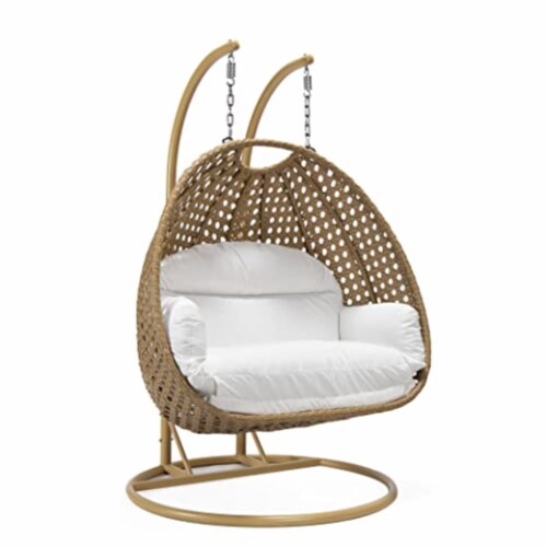 LeisureMod Mendoza Light Brown Wicker Hanging 2 person Egg Swing Chair