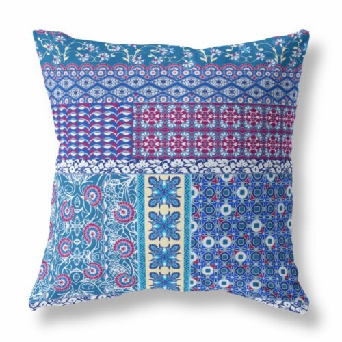 Flower Castle Patchwork Indoor/Outdoor Fabric Pillow with Zip Blue