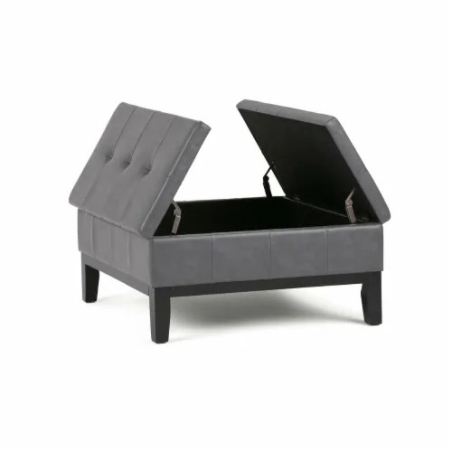 Simpli Home Dover Faux Leather Coffee Table Ottoman in Stone Gray, 1
