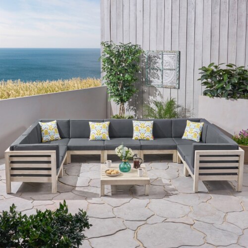 Ava Outdoor 9 Seater Acacia Wood Sectional Sofa Set, Weathered Gray