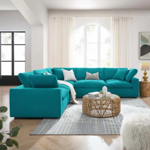 Commix Down Filled Overstuffed 5 Piece Sectional Sofa Set Teal, 1