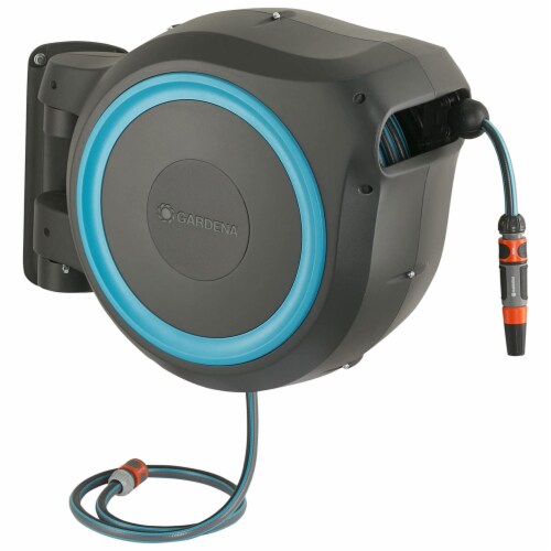 GARDENA GARD18620 82 Foot Wall Mounted Retractable Hose Reel Box, Grey and Blue, 1 Piece Kroger