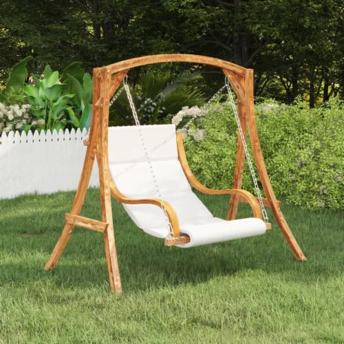 vidaXL Swing Chair with Cream Cushion Bent Wood with Teak Finish, 1