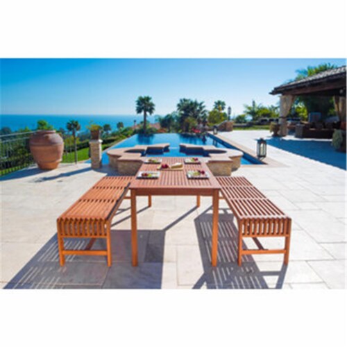 VIFAH Malibu Outdoor 3piece Wood Patio Dining Set with Backless Bench