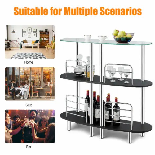 Costway Bar Table Wine Storage Home Liquor Pub Table w/Tempered Glass Top & 2 Shelves, 1 unit
