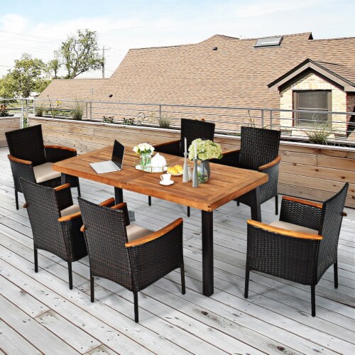 Costway 7PCS Patio Rattan Dining Set Chair Cushion Acacia Wood W