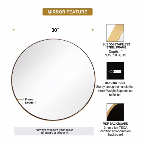 ANDY STAR 30 Inch Round Circle Mirror with Stainless Steel Metal Frame