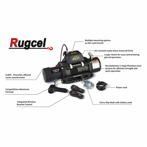 RUGCEL 12000 Pound Electric Winch with Synthetic Rope and 2 Wireless Remotes, 1 Piece Ralphs