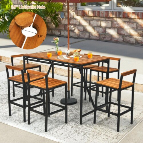 Hivvago 7 Pieces Acacia Wood Patio Rattan Bar Set with Umbrella Hole, 7