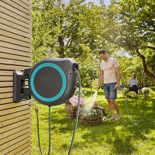 GARDENA GARD18620 82 Foot Wall Mounted Retractable Hose Reel Box, Grey and Blue, 1 Piece Ralphs