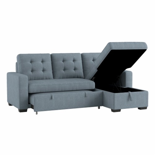 2Piece Polyester Sectional Sofa in Blue w/ Pullout Bed & Hidden