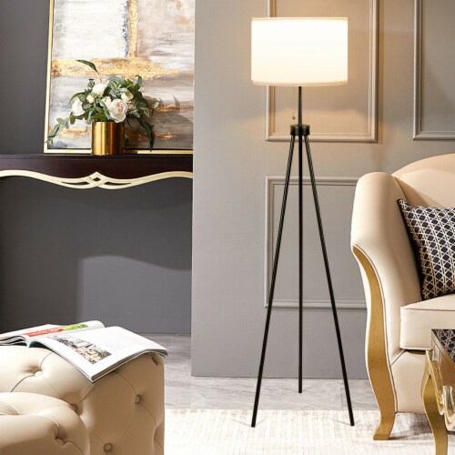 Modern Metal Tripod Floor Lamp White Fabric Shade w/ Chain Switch Home