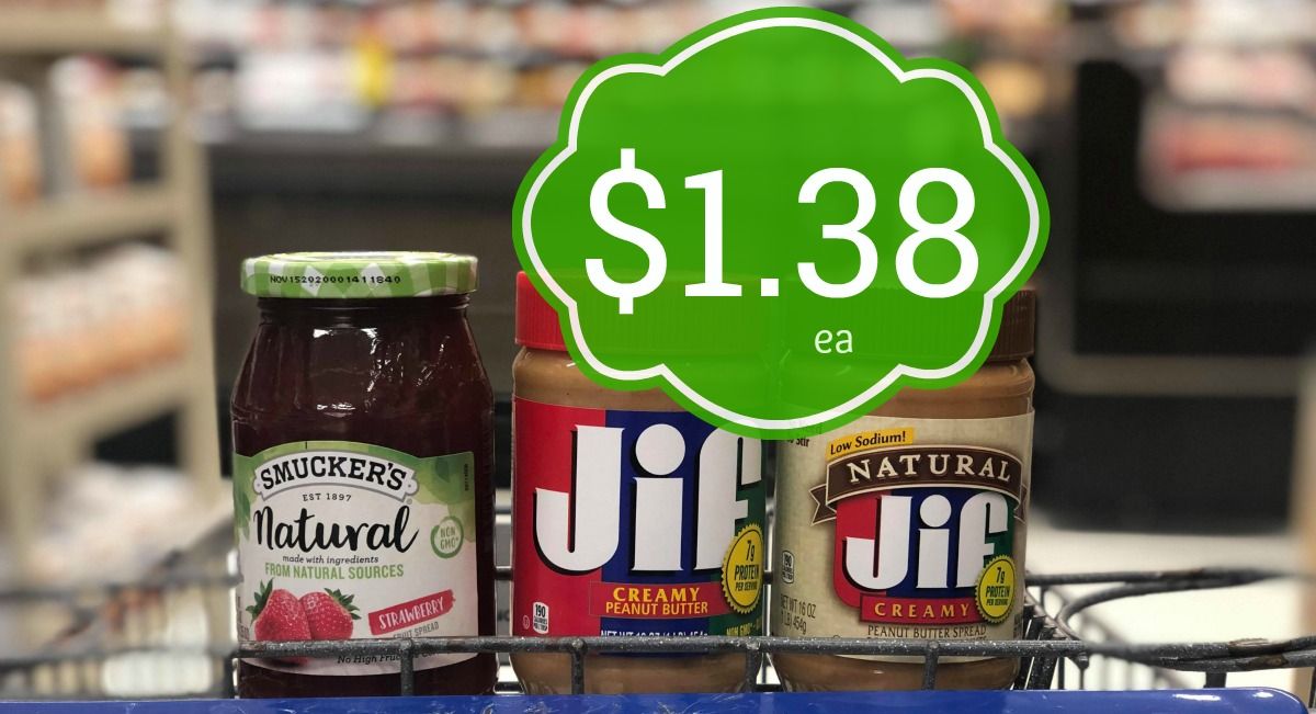 Grab Jif Peanut Butter and Smuckers Fruit Spread for 1.38 each at