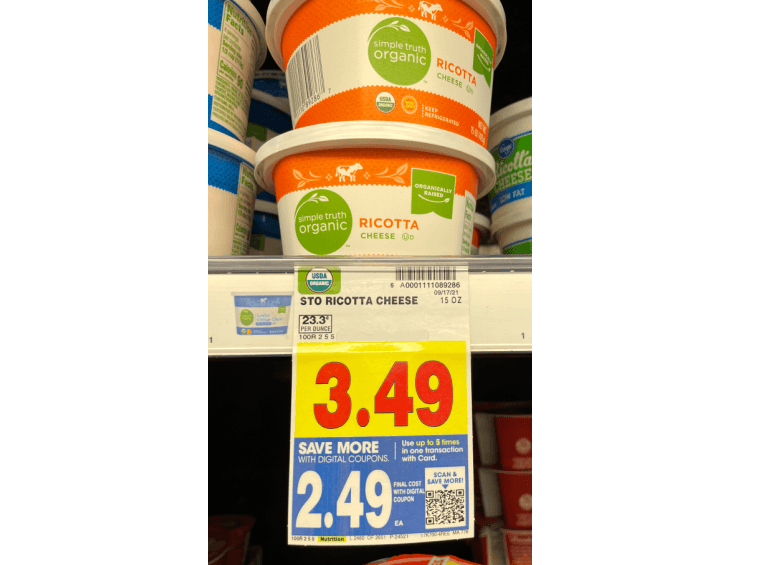 Simple Truth Organic Ricotta Cheese is 2.49 at Kroger!! Kroger Krazy