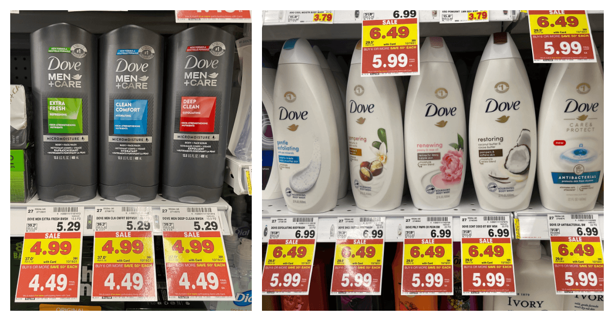 Dove Body Washes (Men and Women's) are as low as 1.99 at Kroger