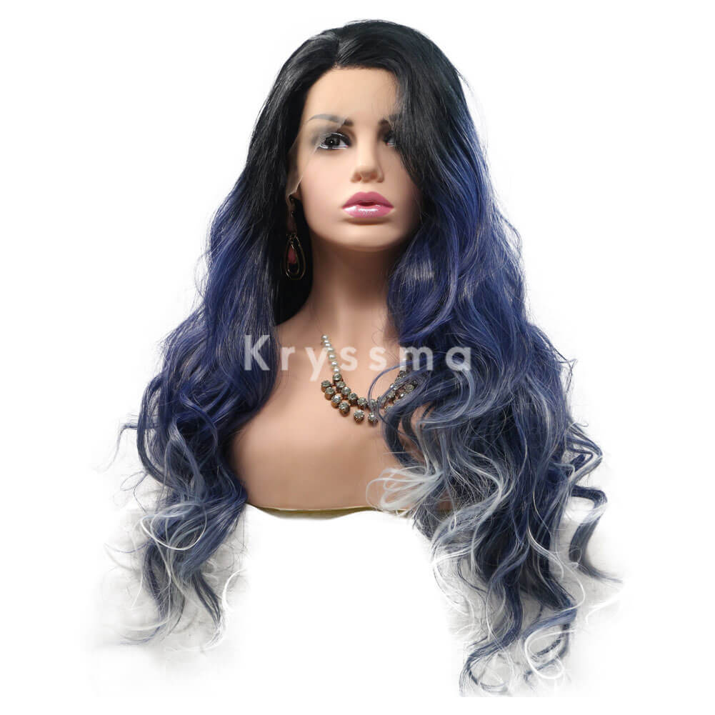 Ombre Blue To Grey Long Wavy Synthetic Lace Front Wigs Elina Official Site‎