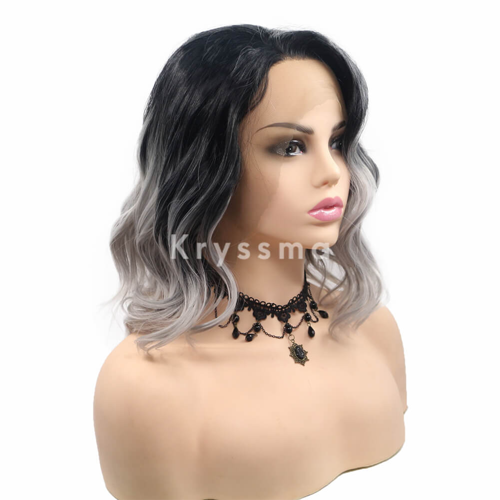 Ombre Grey Bob Synthetic Lace Front Wigs, Short Grey Wavy Wigs