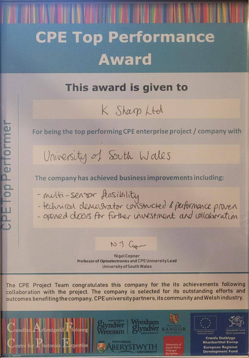 K Sharp Receives Award from Centre for Photonics Expertise K Sharp Ltd.