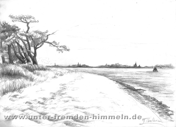 gestern am strand oder blick auf greifswald Skizze, Ölmalerei