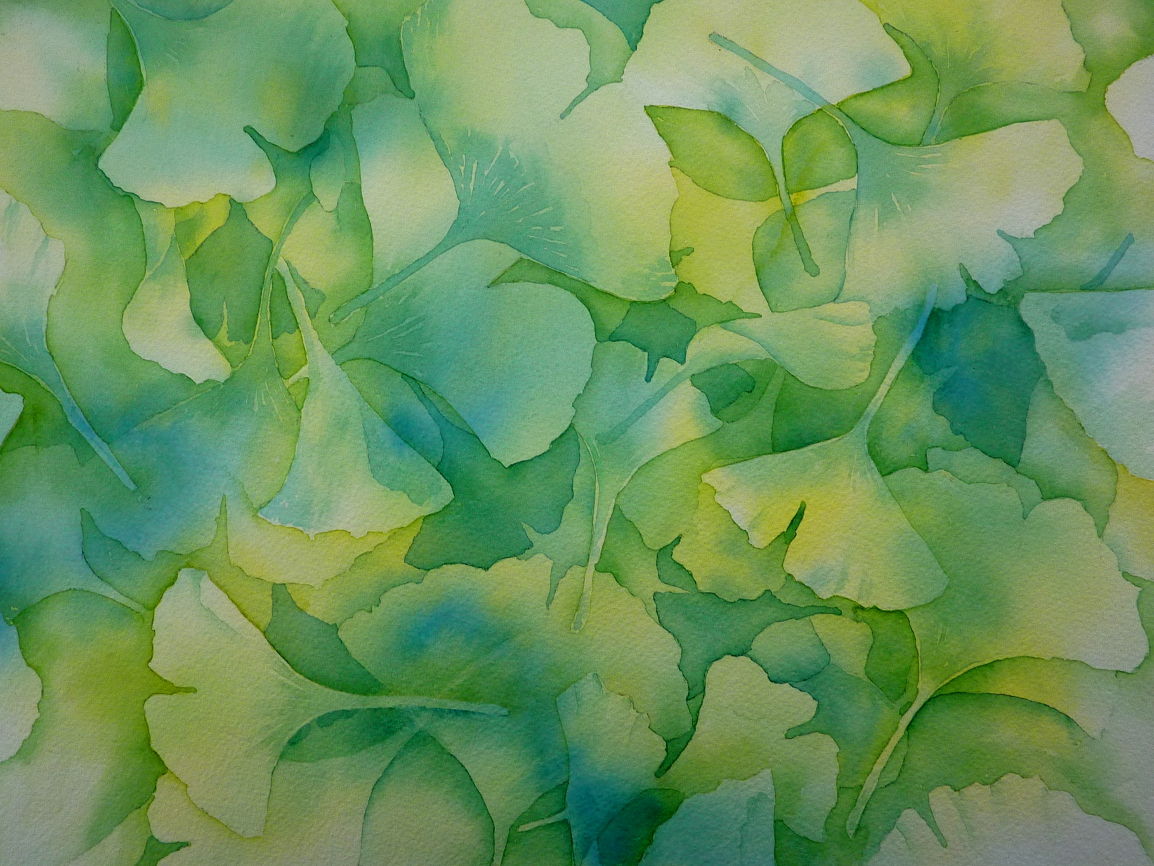 Ginkgo2 Laub, Aquarellmalerei, Ginkgo, Grün von Thomas Habermann bei