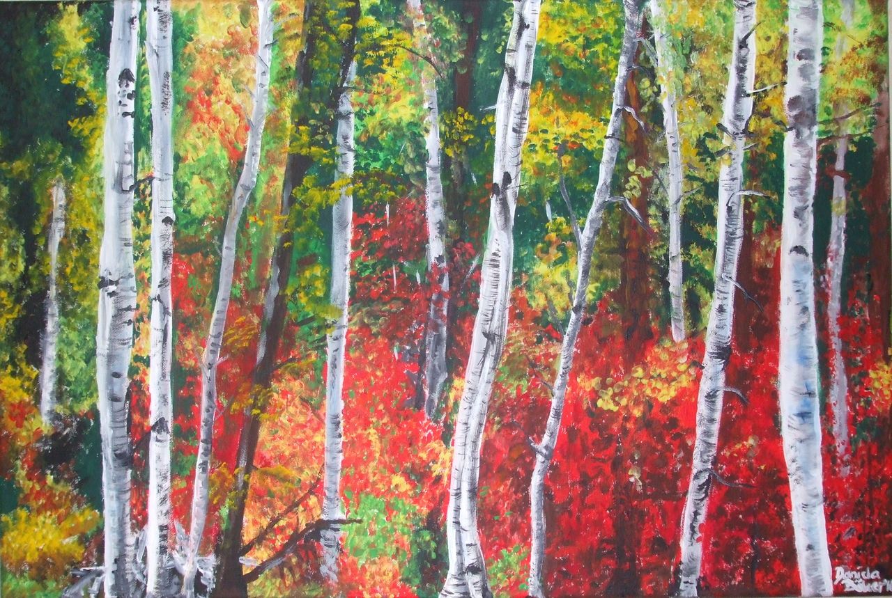 Herbstwald Blätter, Acrylmalerei, Herbst, Birken von Danibo bei