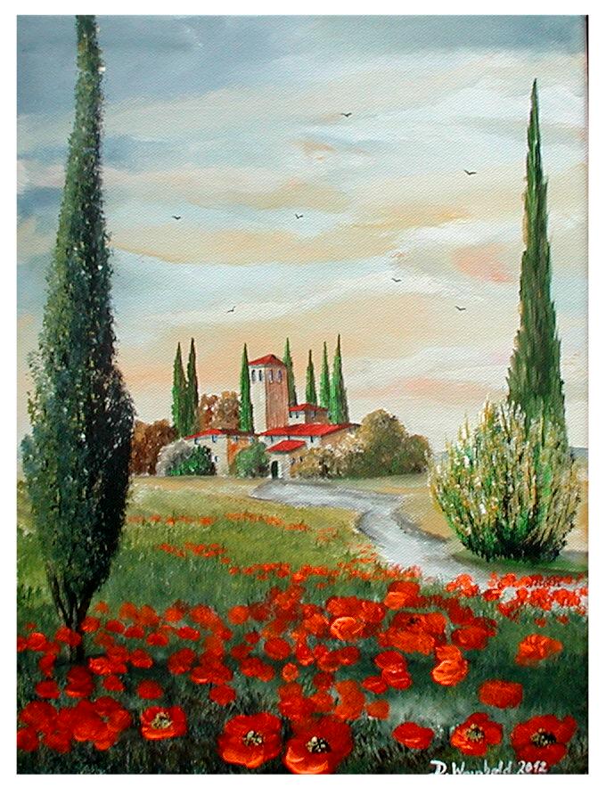 "Mohnblüten in der Toskana" Wiese, Zypressen, Dach, Acrylmalerei von