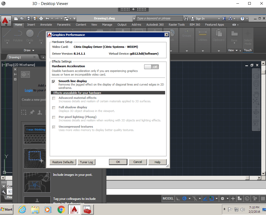 AutoCAD Graphics Performance Settings using WDDM instead