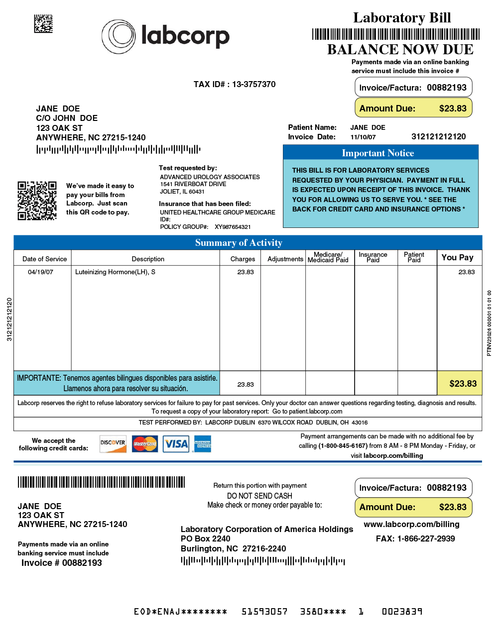 Ejemplo de factura de laboratorio de Labcorp | Labcorp
