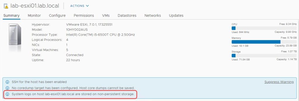 VMware Warning System logs are stored on nonpersistent storage