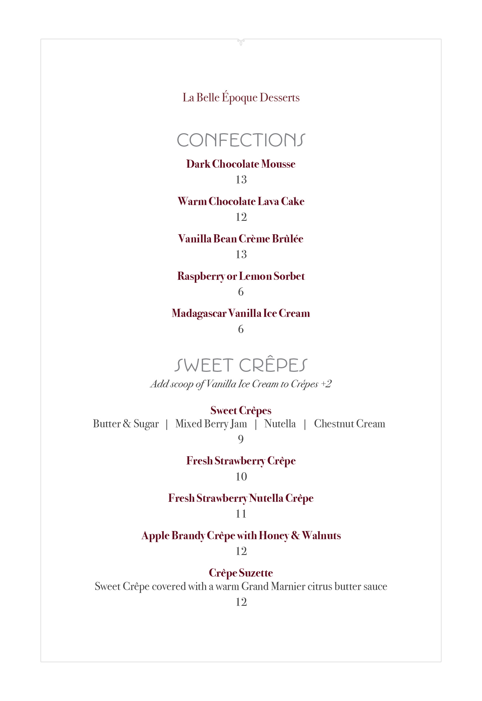 Menu 1 — La Belle Epoque