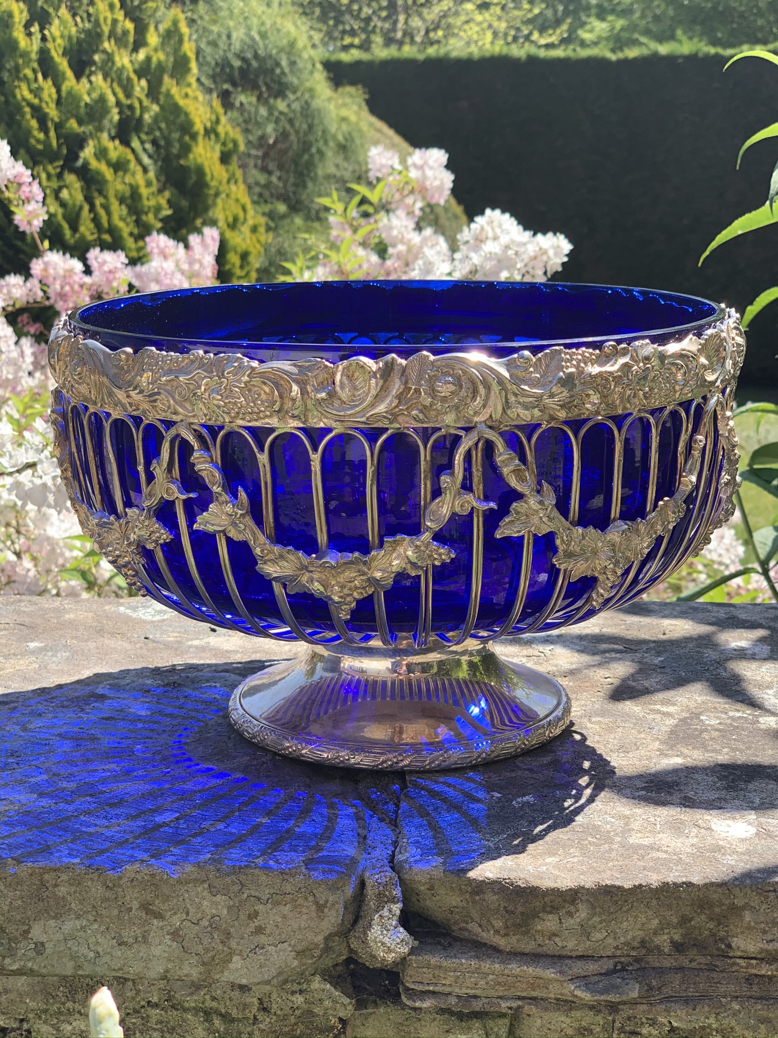 Large Silver Plated Glass Pedestal/Punch Bowl with Blue Liner La