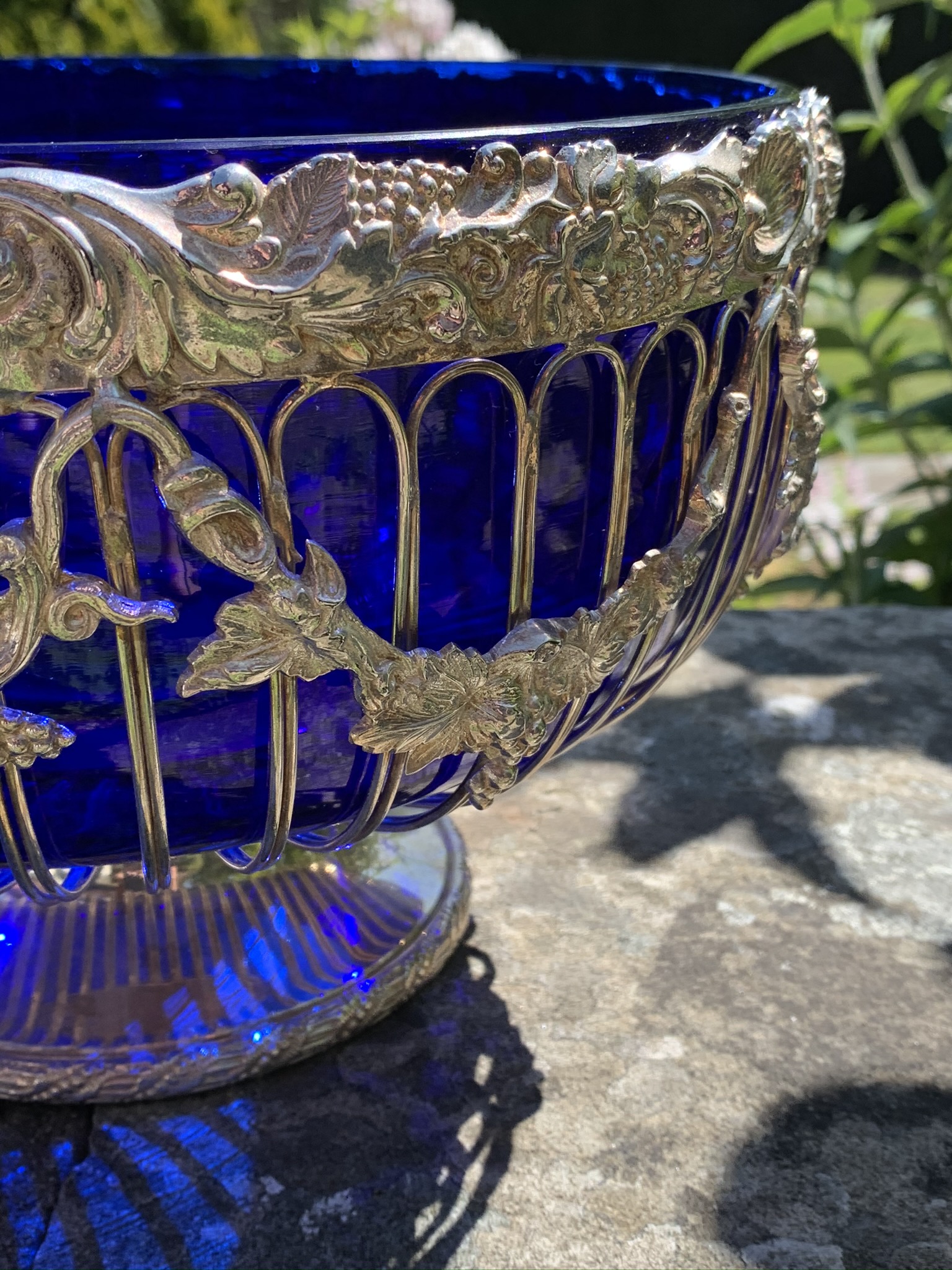 Large Silver Plated Glass Pedestal/Punch Bowl with Blue Liner La