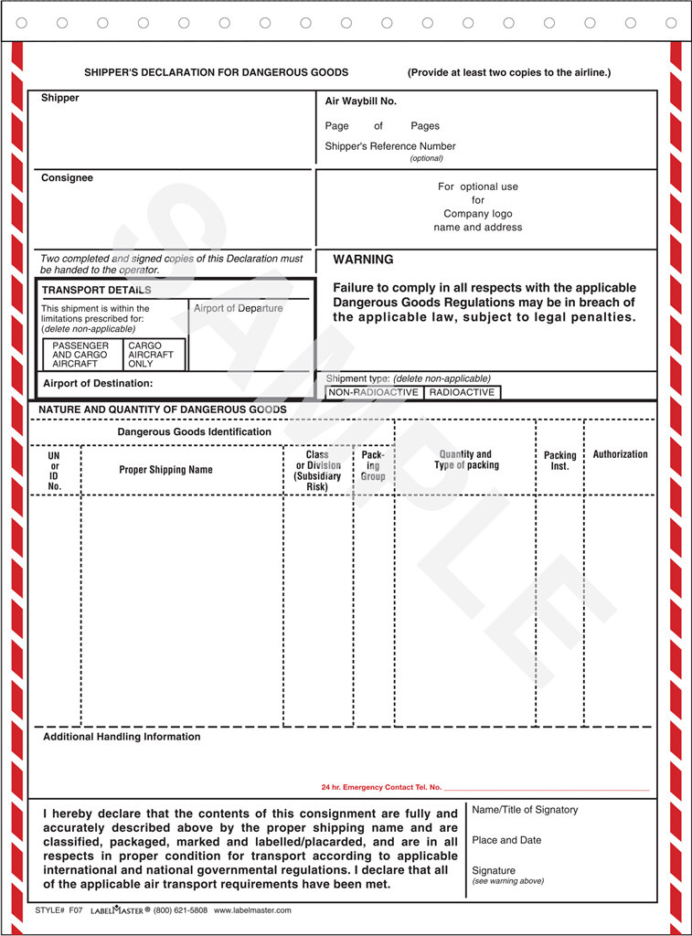 Personalized Dangerous Goods Shipping Forms