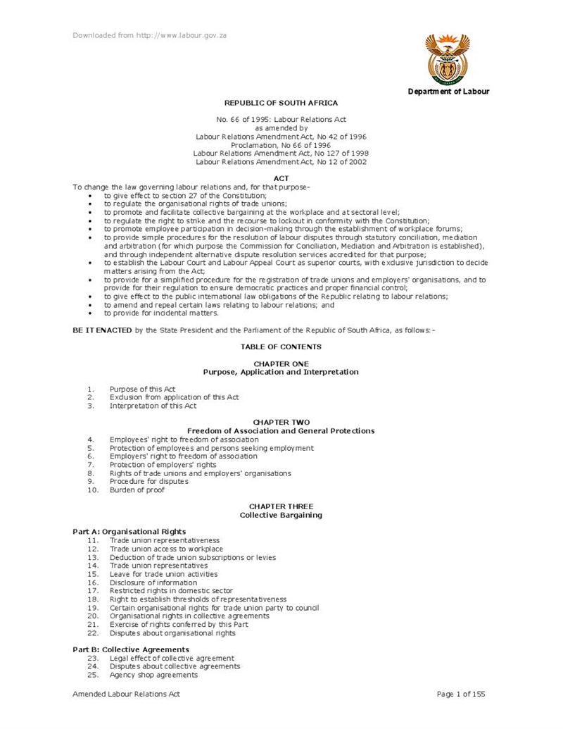Amended Labour Relations Act pdf, Document, Labour Law, South Africa