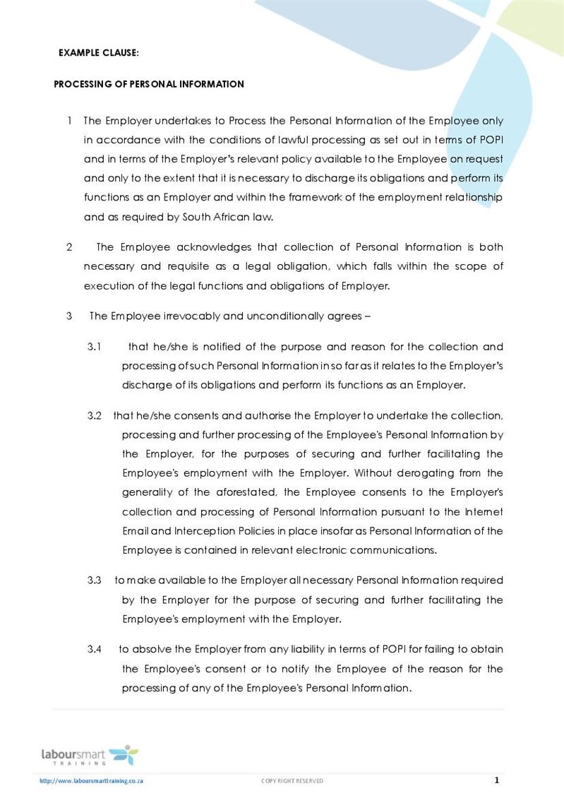 POPI Example Clause, Document, Labour Law, South Africa, Pdf, Download
