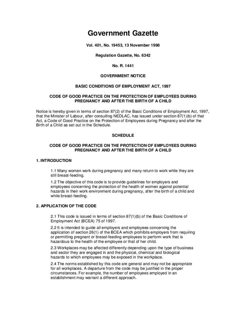 Code of Good Practice Basic Conditions of Employment and Pregnancy GG