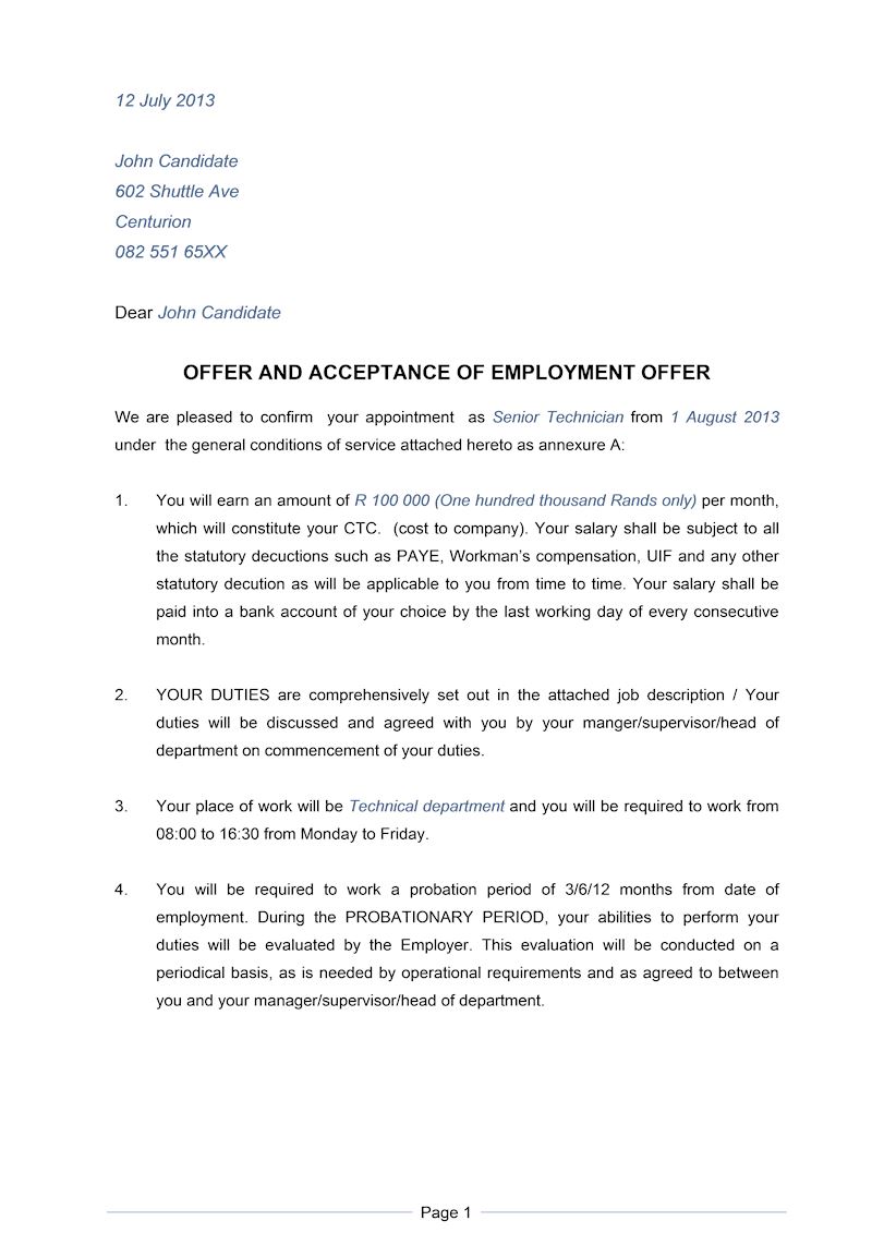 Job offer, Document, Labour Law, South Africa, Download