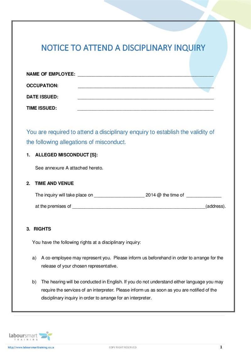 Notice to attend a disiplinary enquiry, Document, Labour Law, South